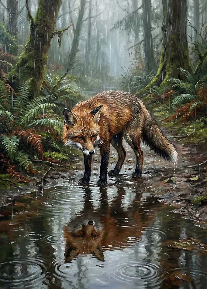Fox in a Rainy Forest