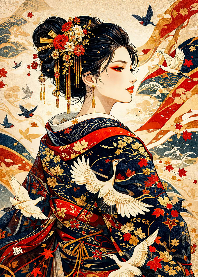 Geisha with Cranes and Floral Kimono