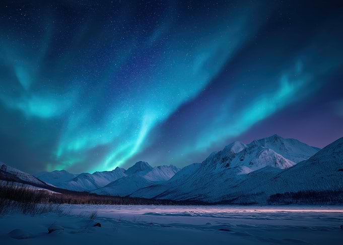 Aurora Borealis over Snowy Mountains