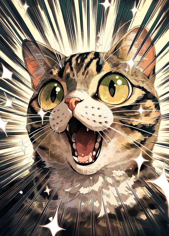 Surprised cat with wide eyes comic style