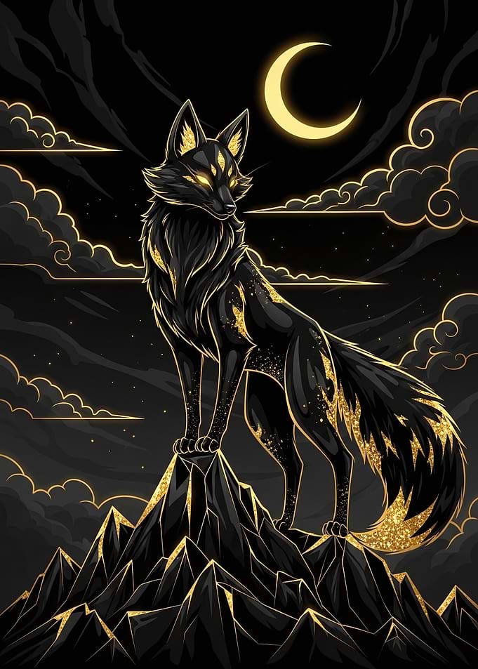 Golden Kitsune Under a Crescent Moon