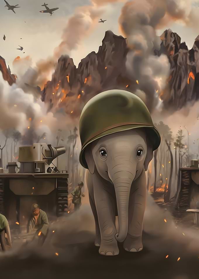 Baby Elephant in Military Helmet Amidst War Scene