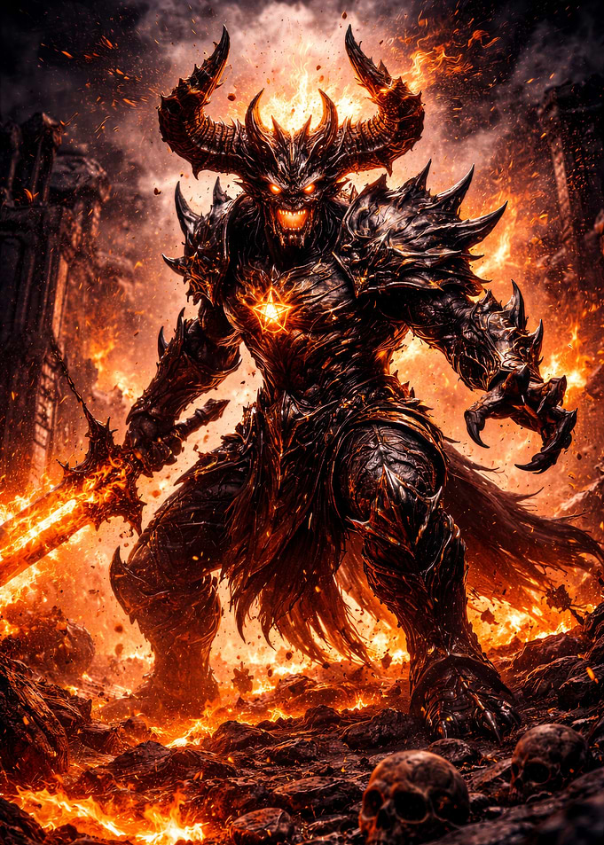 Demonic Warrior in Fiery Landscape