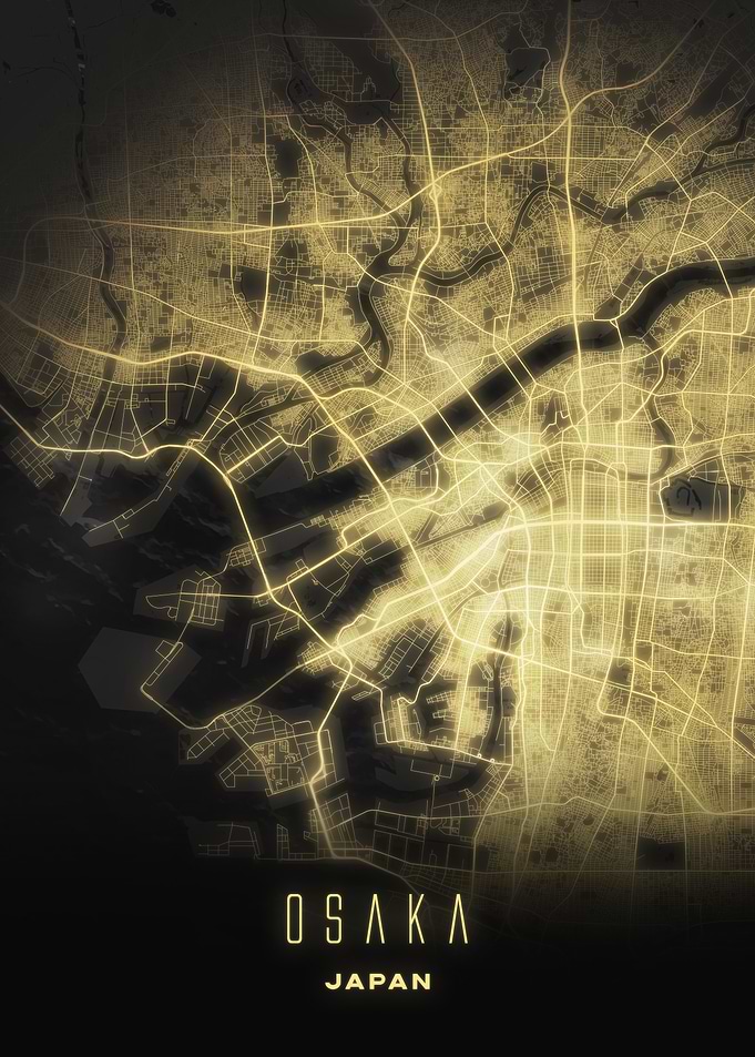 Osaka, Japan - Luminous Night City Streets Map, Wall Art Poster
