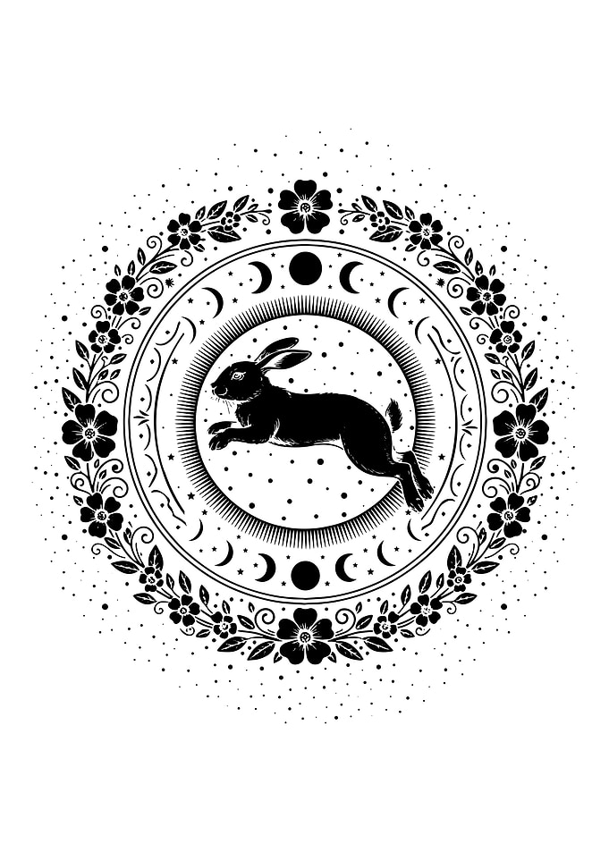 Black Rabbit with Floral Moon Cycle