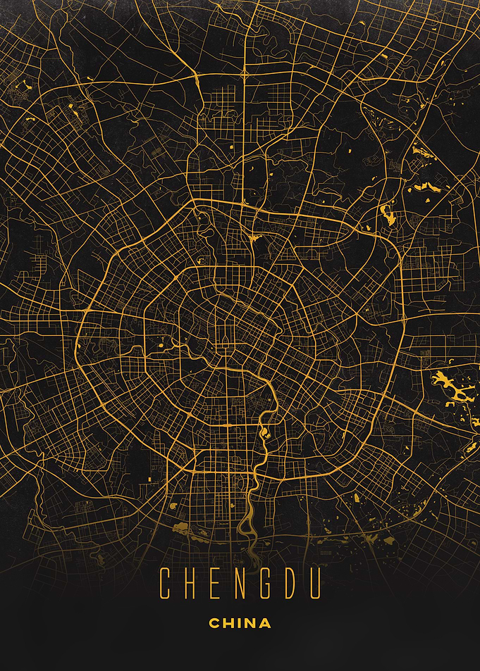 Chengdu, China - Golden City Streets Rings Map, Wall Art