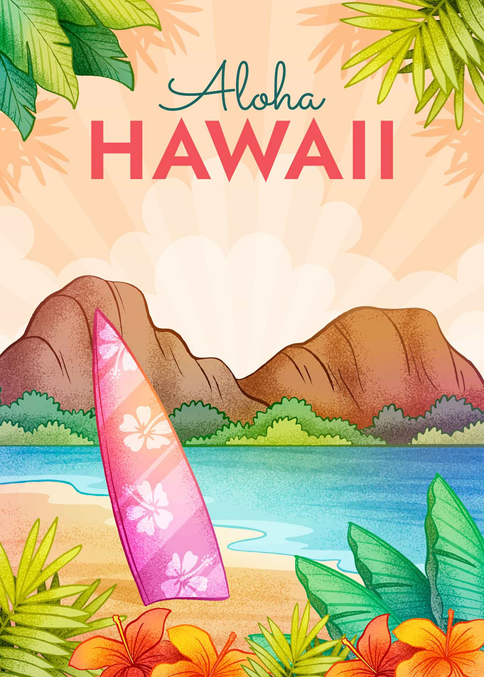 Aloha Hawaii Surfboard Beach Scene