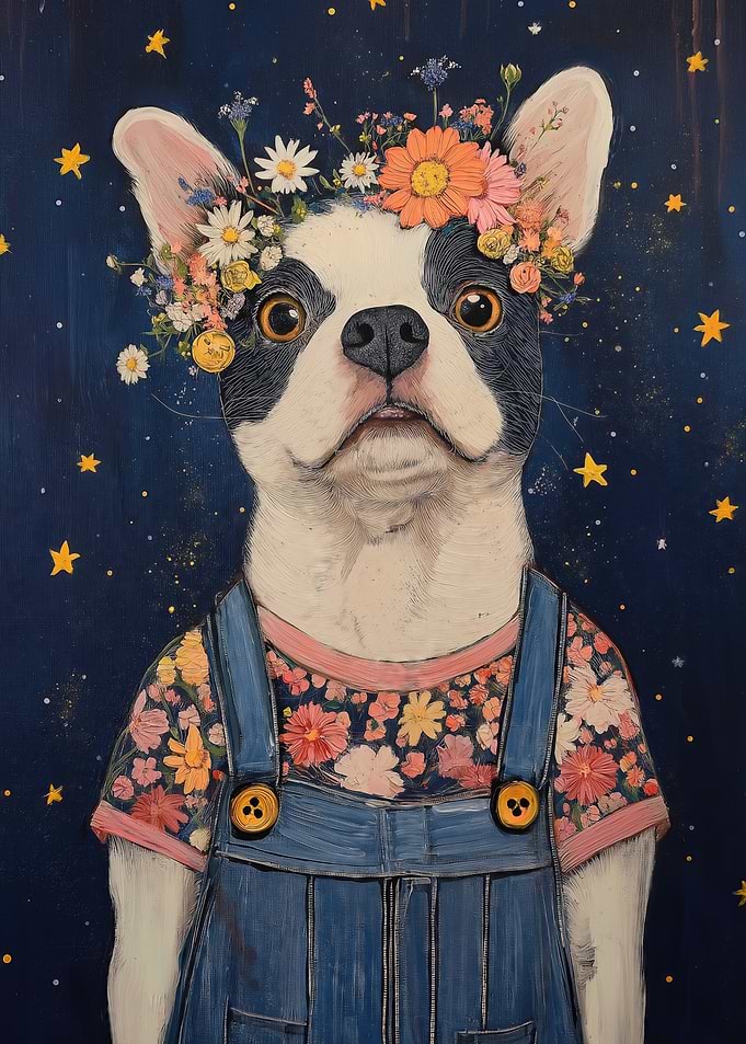 Boston Terrier Dog with Flower Crown and Overalls
