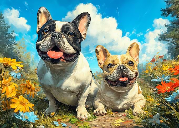 Two French Bulldogs in a Field of Flowers