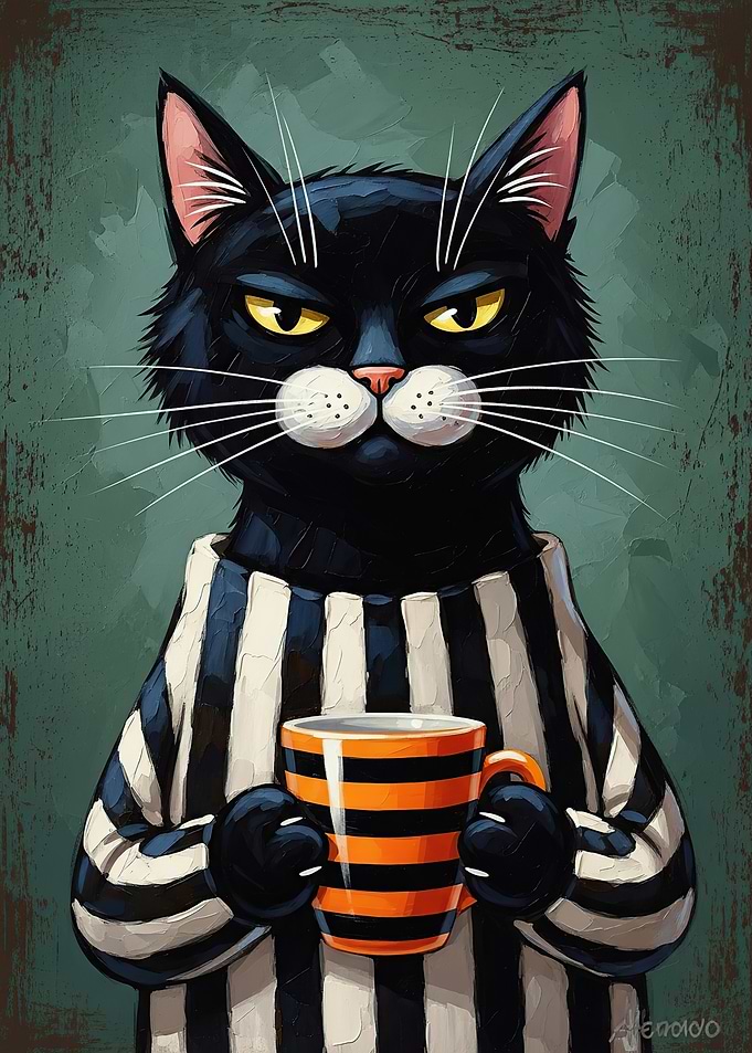 Black Cat with Coffee Mug