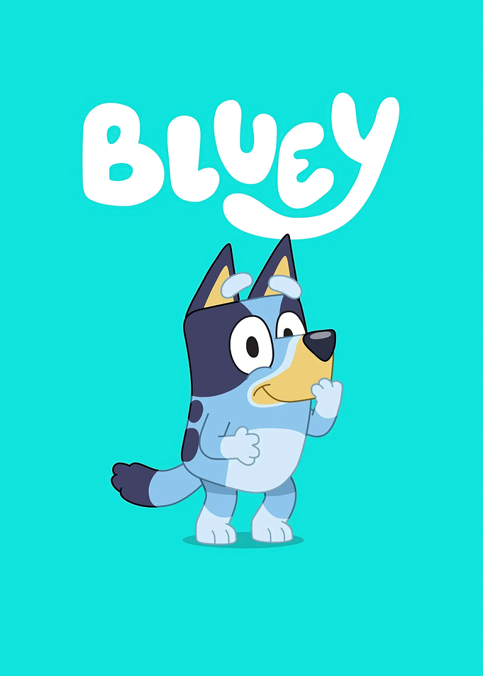 Bluey cartoon character with text