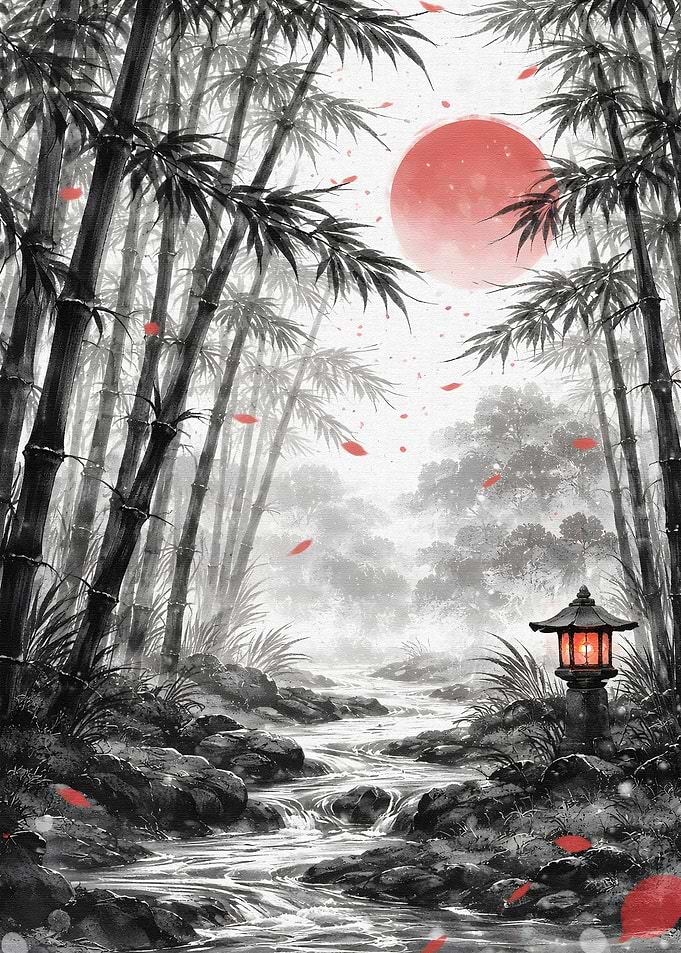 Misty Bamboo Forest with Red Sun