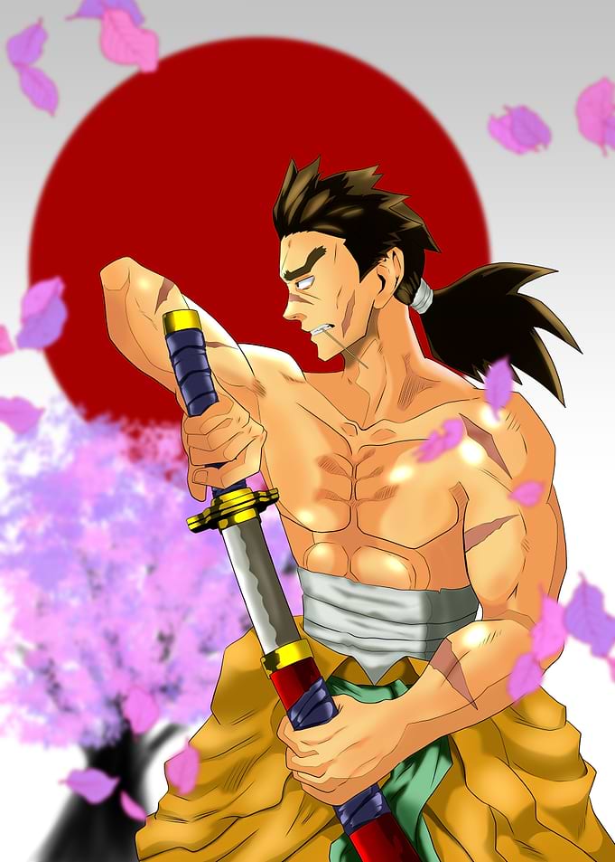 Samurai with Katana and Cherry Blossoms