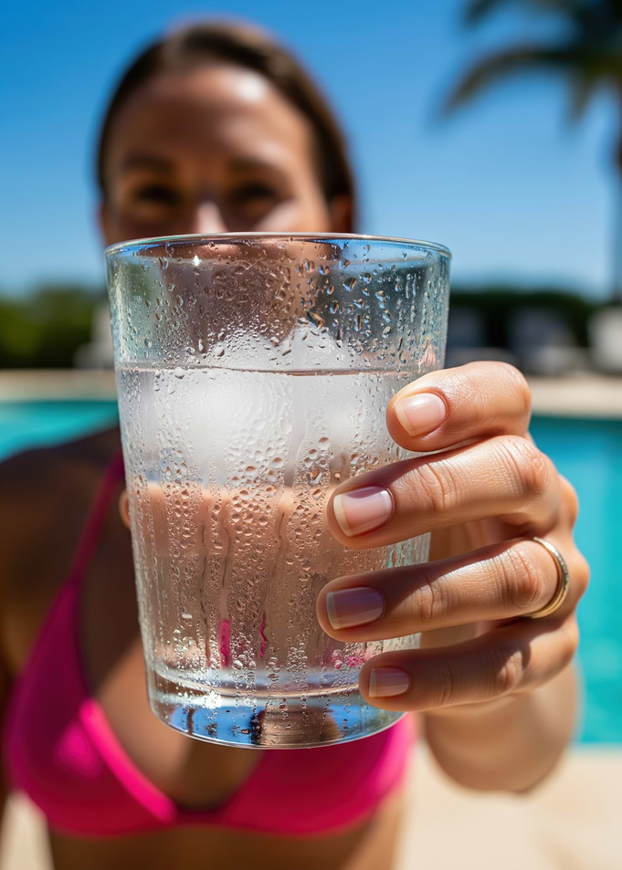 Woman holding a glass of water by the pool