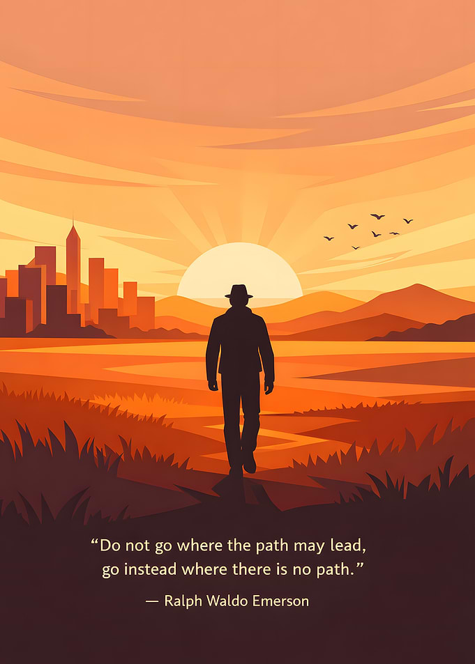 Man walking towards sunset with city skyline