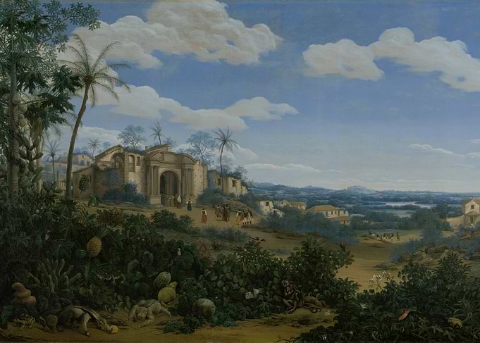 Tropical landscape with ancient ruins and wildlife