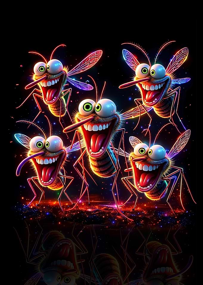 Funny Cartoon Mosquitoes with Neon Glow