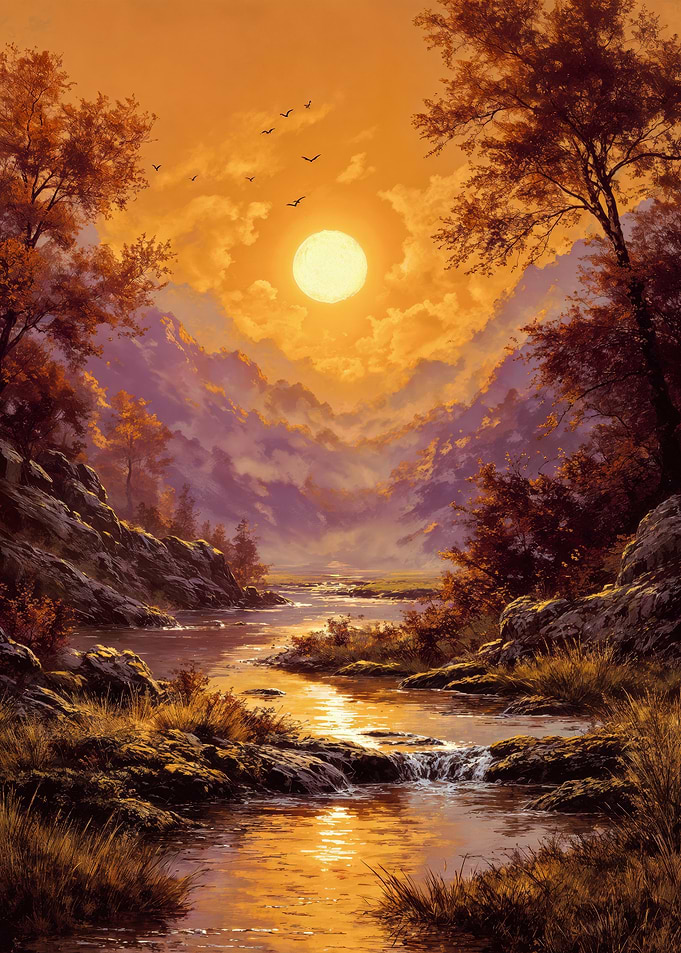 Golden Sunset Mountain River Painting