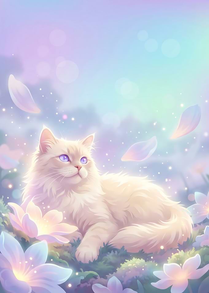 Dreamy Fluffy Cat in Pastel Garden