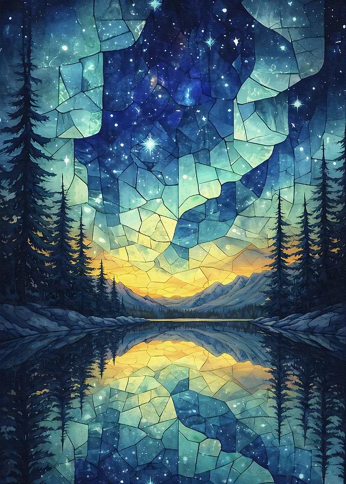 Stained Glass Night Sky Landscape