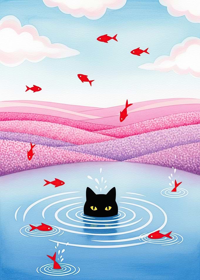 Black cat in water with red fish