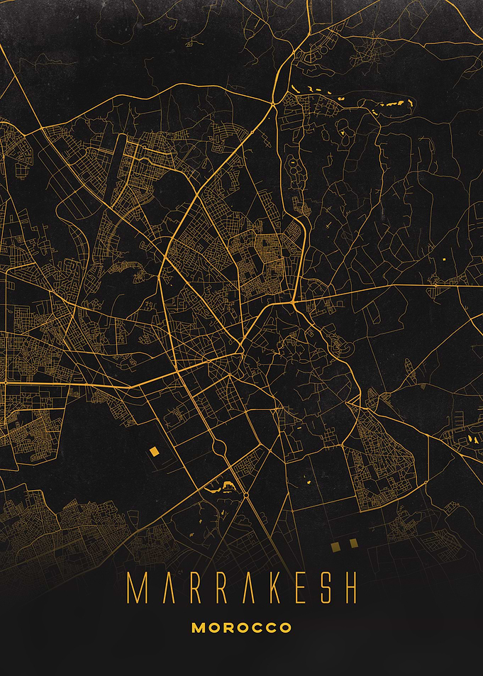 Marrakesh, Morocco - Golden City Streets Map, Wall Art Print