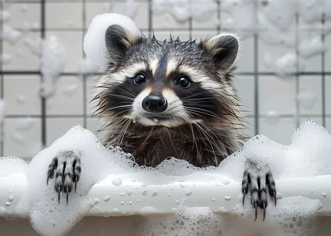 Cute Raccoon in Bathtub with Bubbles