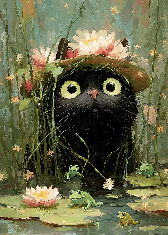 Black Cat in a Flower Hat with Frogs