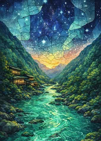 Stained Glass Mountain Valley at Night