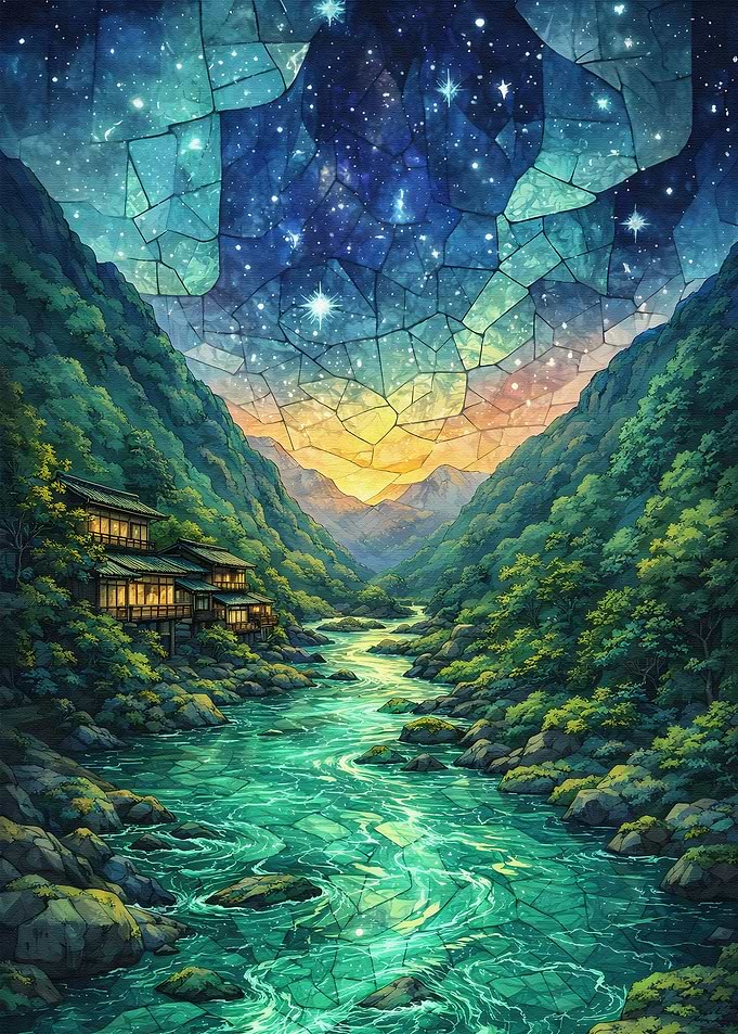 Stained Glass Mountain Valley at Night