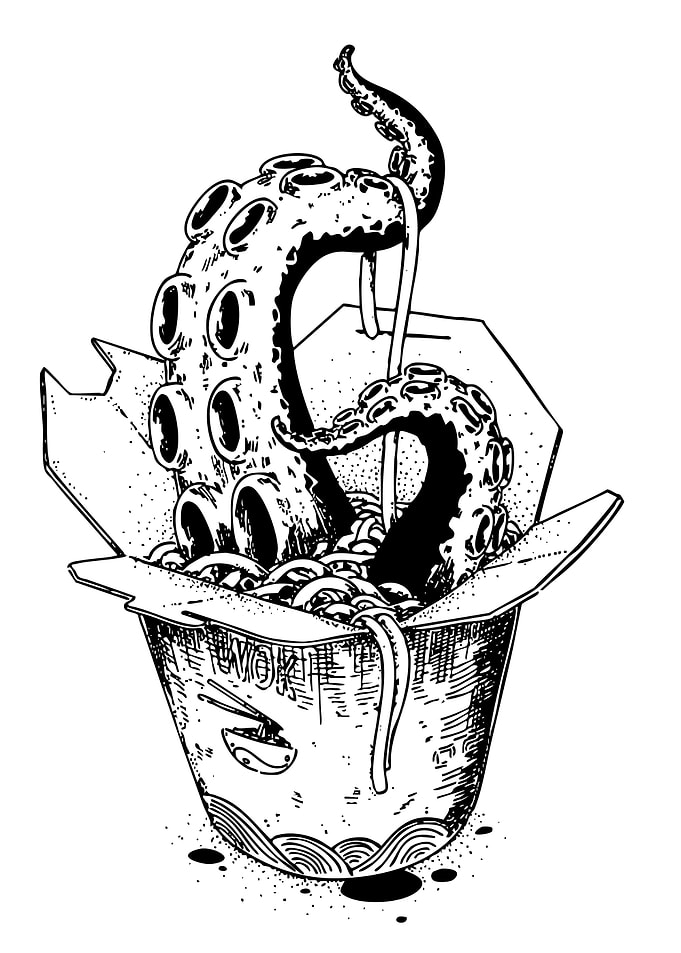 Tentacle Noodles in Takeout Box