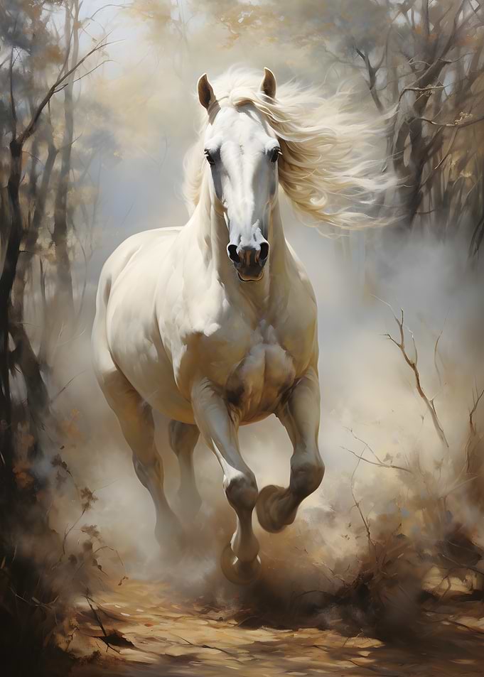 Majestic White Horse Running Through Forest