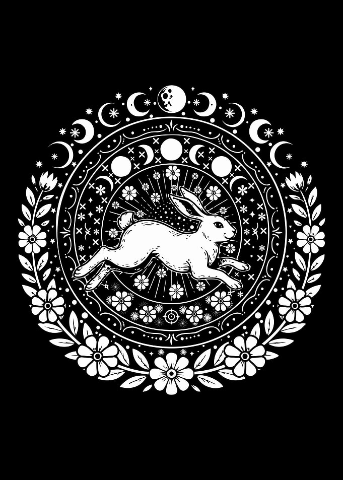 White Rabbit Mandala with Moon Phases