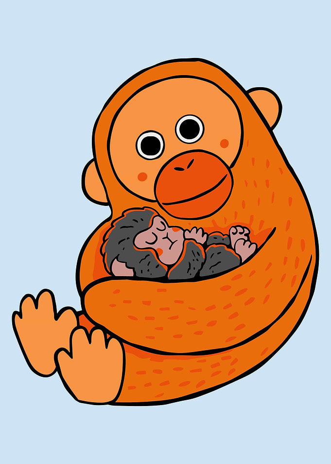 Baby Monkey Punch Poster, Cute Mother and Baby Orangutan Wall Art, Heartwarming Cartoon Print