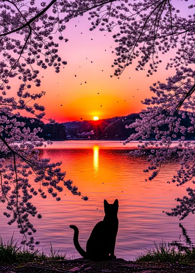 Cat Silhouetted Against Sunset Over Lake