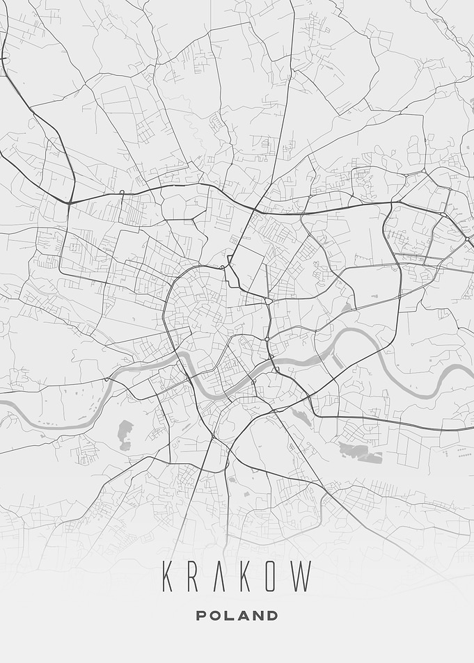 Krakow, Poland - Minimal White City Streets Map, Wall Art Poster
