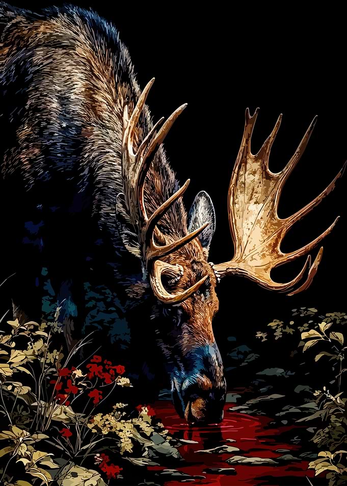 Moose Drinking from Red Water