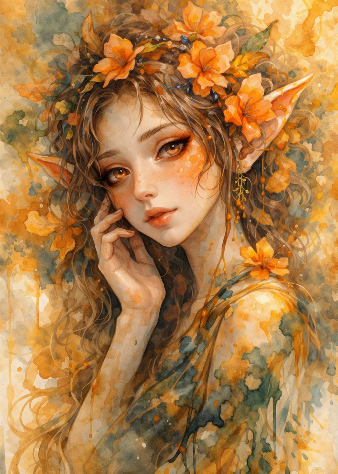 Watercolor Elf with Orange Flowers