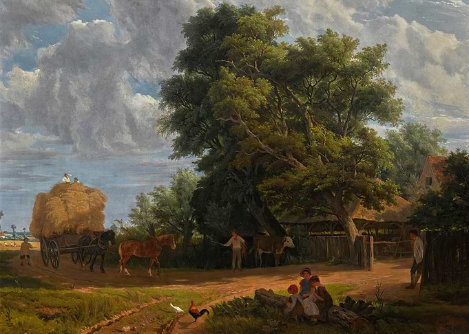 Rural Farm Scene with Hay Cart