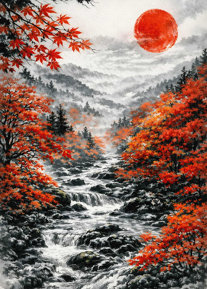 Autumn Mountain River with Red Sun