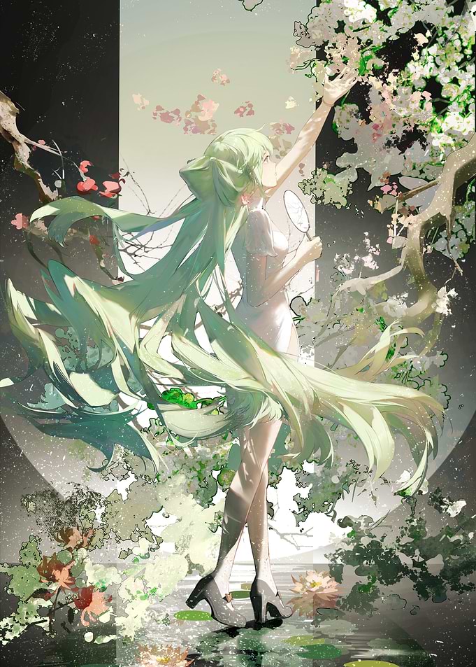 Girl with Green Hair and Flowers