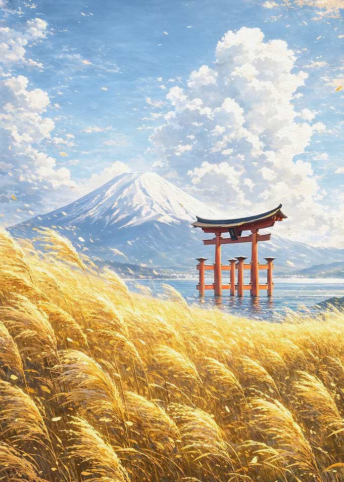 Mount Fuji Torii Gate in Golden Reeds