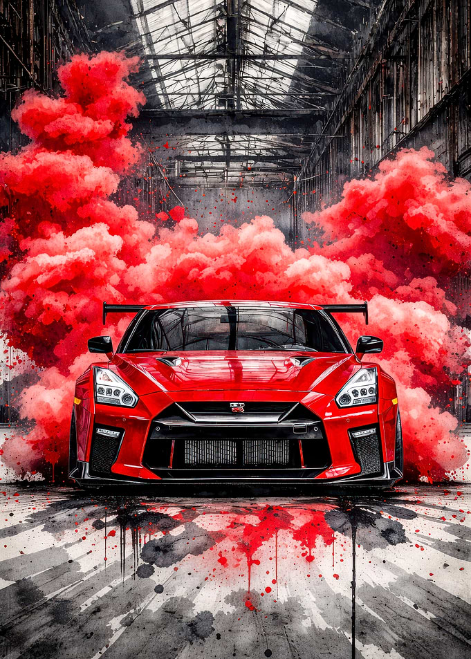 Red Nissan GT-R in Red Smoke