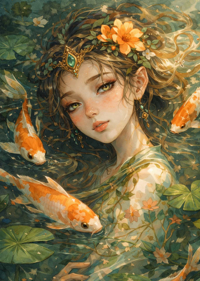 Fantasy Water Nymph with Koi Fish