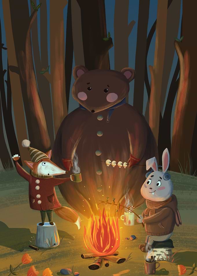 Cute animals roasting marshmallows by campfire