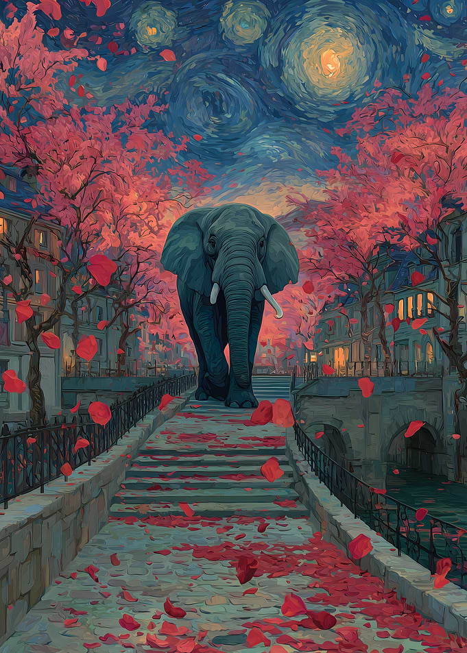Elephant in a Starry Night Cityscape