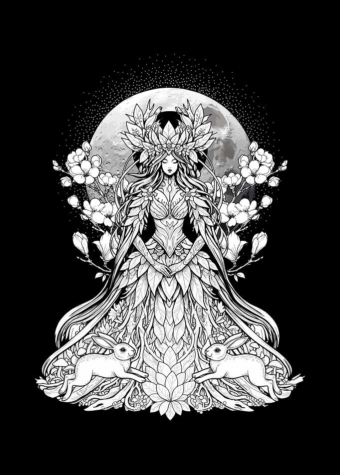 Moon Goddess with Rabbits and Flowers