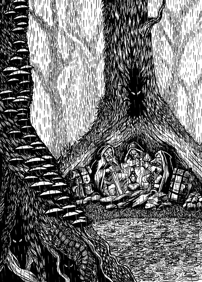 Fantasy Adventurers Huddled in Rain