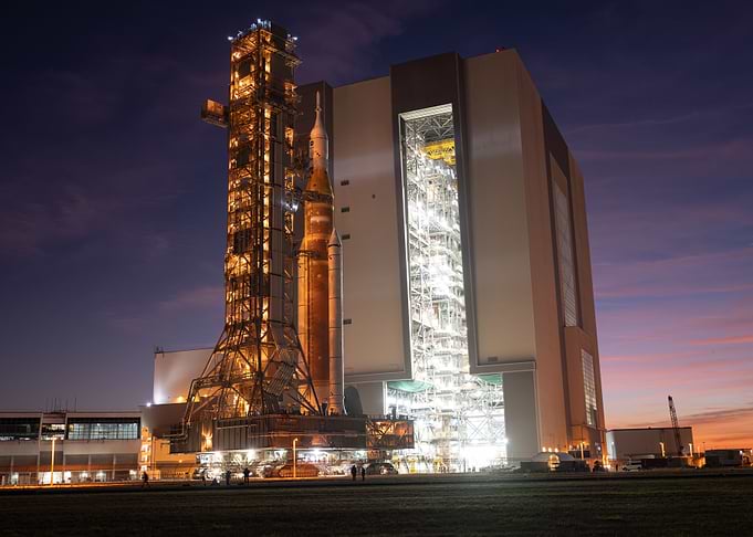 Space Launch System Rocket at Night