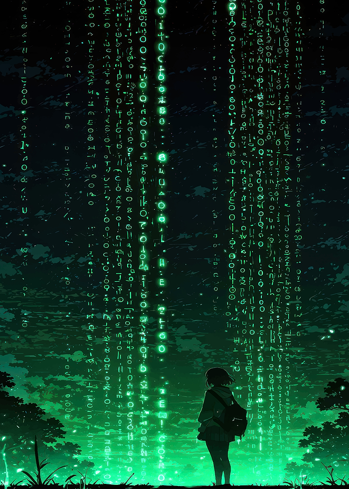 Girl watching Matrix code rain
